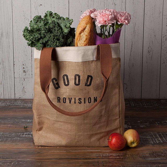 Custom Environmental Friendly Reusable Grocery Ecobag 55% Jute 45% Cotton Canvas Tote Shopping Bag With Leather Handle