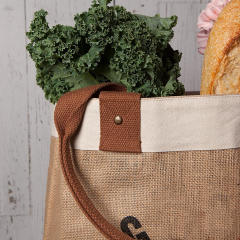 Custom Environmental Friendly Reusable Grocery Ecobag 55% Jute 45% Cotton Canvas Tote Shopping Bag With Leather Handle