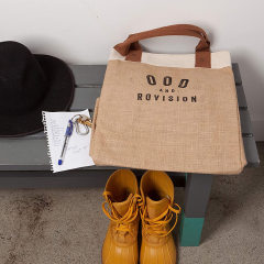 Custom Environmental Friendly Reusable Grocery Ecobag 55% Jute 45% Cotton Canvas Tote Shopping Bag With Leather Handle