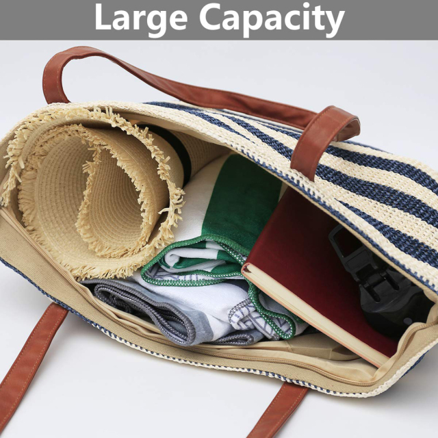 Custom Private Label Logo Personalized Oversize Large Woven Market Women Summer Striped Straw Tote Beach Bag With Zipper
