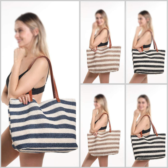 Custom Private Label Logo Personalized Oversize Large Woven Market Women Summer Striped Straw Tote Beach Bag With Zipper