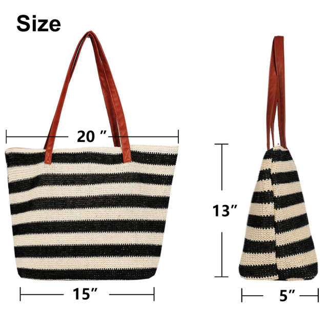 Custom Private Label Logo Personalized Oversize Large Woven Market Women Summer Striped Straw Tote Beach Bag With Zipper