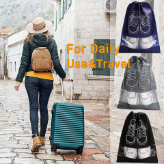 Custom Eco Friendly Non Woven Transparent Clear Pvc Window Logo Drawstring Pouch Reusable Pull String Dust Shoe Bag for Shop