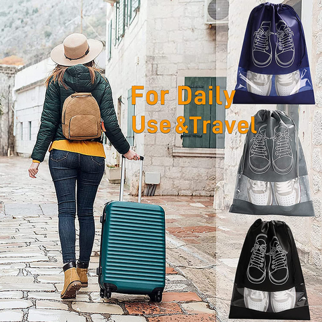 Custom Eco Friendly Non Woven Transparent Clear Pvc Window Logo Drawstring Pouch Reusable Pull String Dust Shoe Bag for Shop