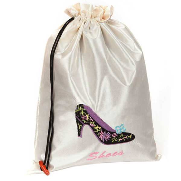 Satin drawstring shoe bag with printed design