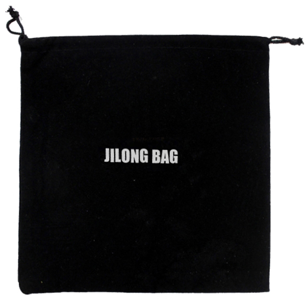 Black velvet drawstring pouch with printed logo
