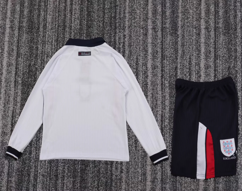 England Retro Soccer Jersey Home Kids Kit Jersey+Shorts Long Sleeve World Cup 1998