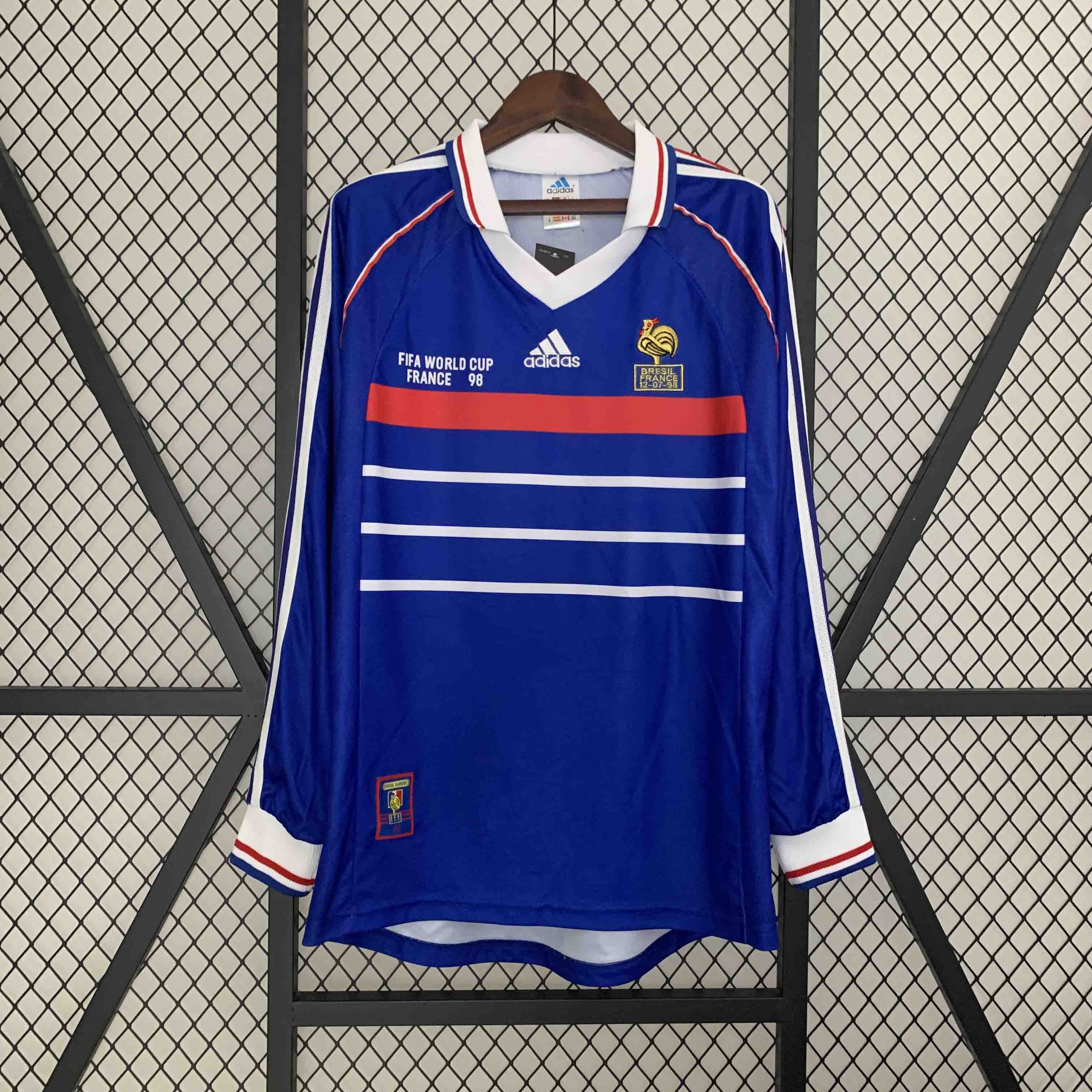 France Retro Soccer Jersey Home Long Sleeve Custom Shirt World Cup 1998