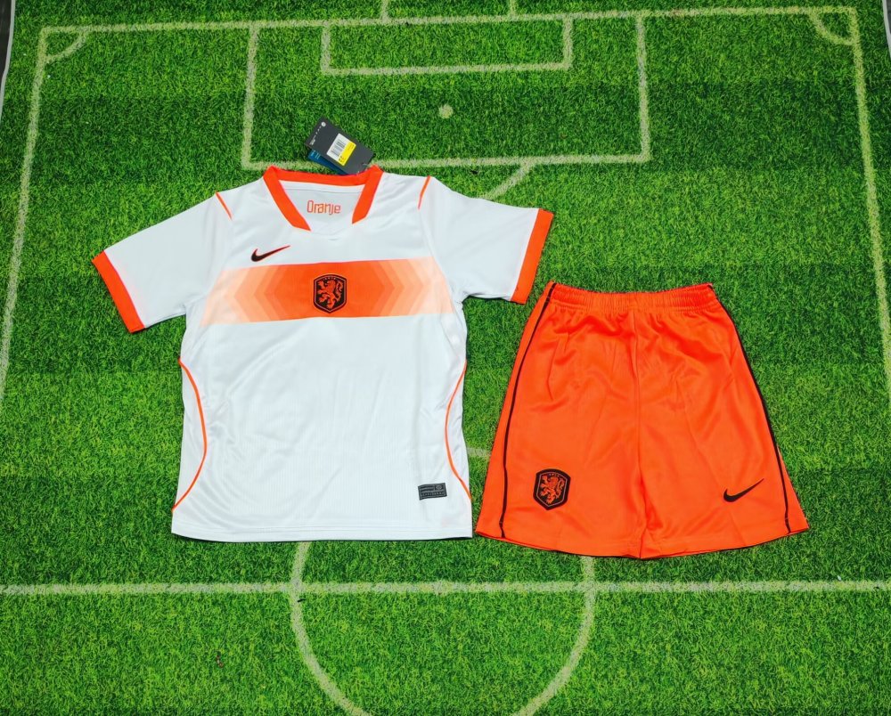 2026 World Cup Netherlands away kids wearing socks soccer jersey