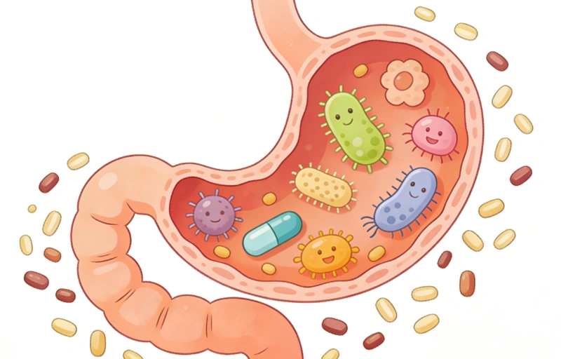 prebiotic gut bacteria illustration showing inulin fermentation in colon diagram