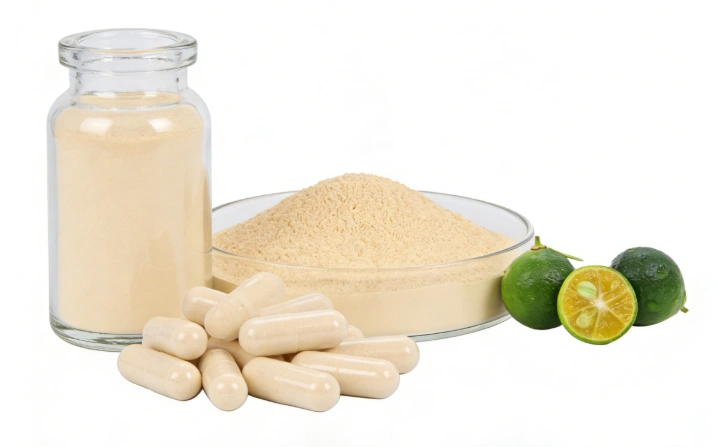 bitter orange supplement capsules with citrus aurantium fruit on wooden board