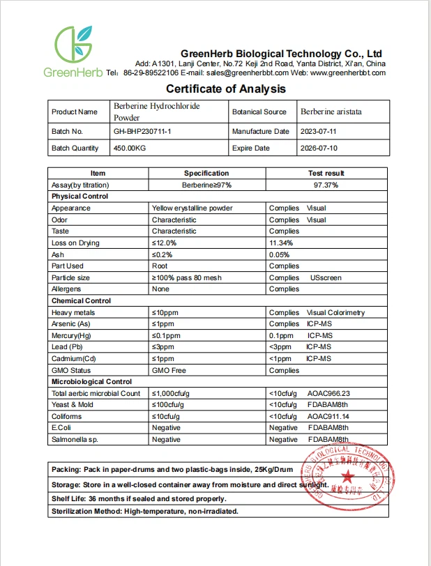 Berberine Hcl Powder 97%