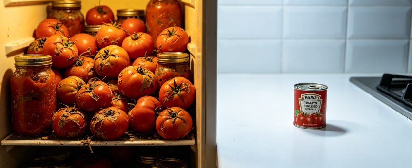 ripe fresh tomatoes beside tomato sauce powder on kitchen surface