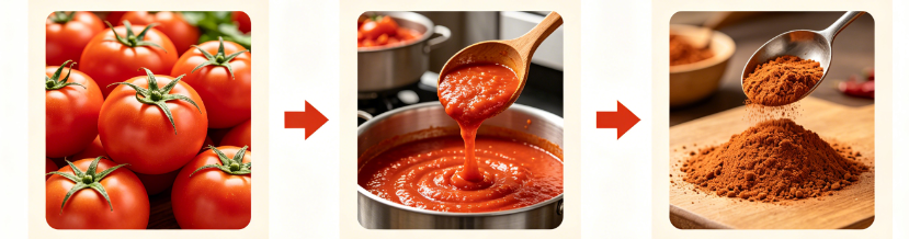 tomato powder dissolving in water showing reconstitution process