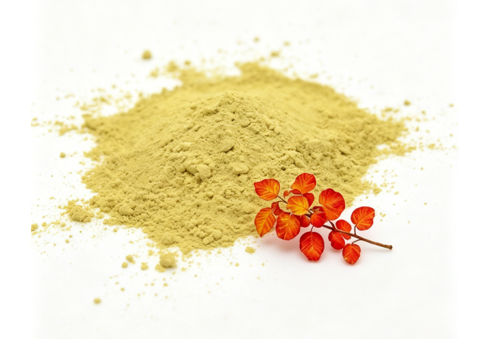  fisetin supplement capsules beside fisetin extract powder white background
