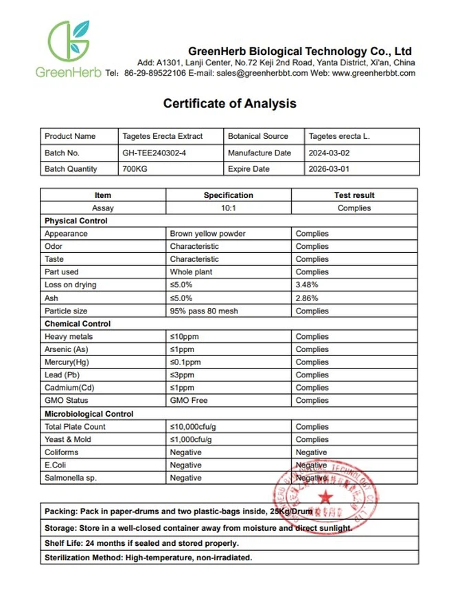 Tagetes powder COA