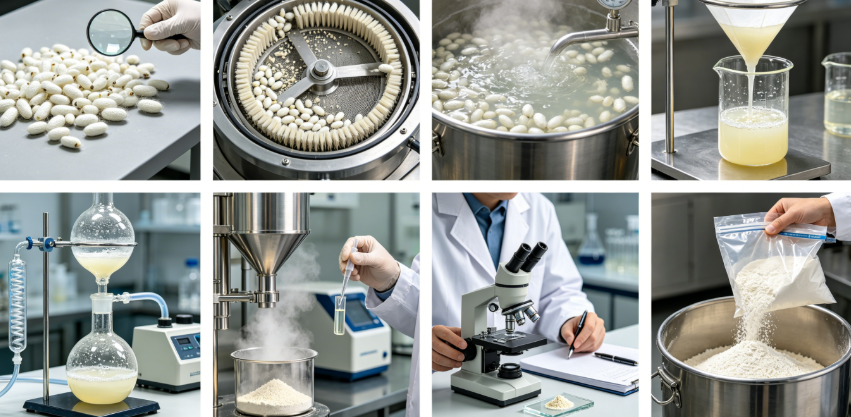 Hot-water degumming process flowchart for sericin protein extraction