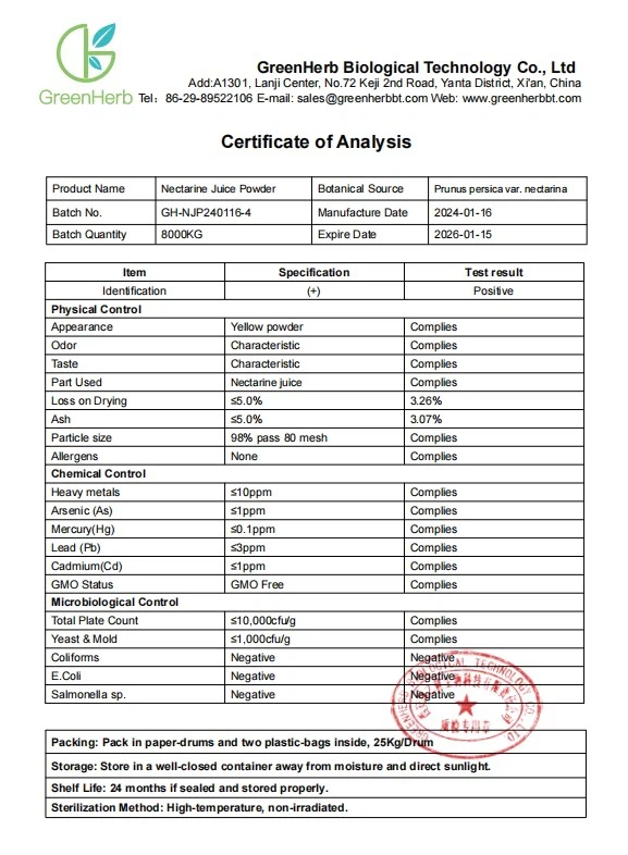 Nectarine Juice Powder COA