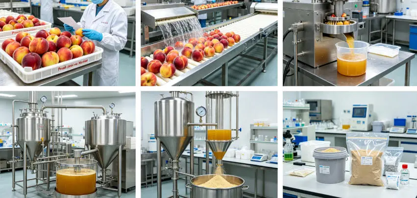 Juice extraction and spray drying process flowchart for nectarine juice powder production