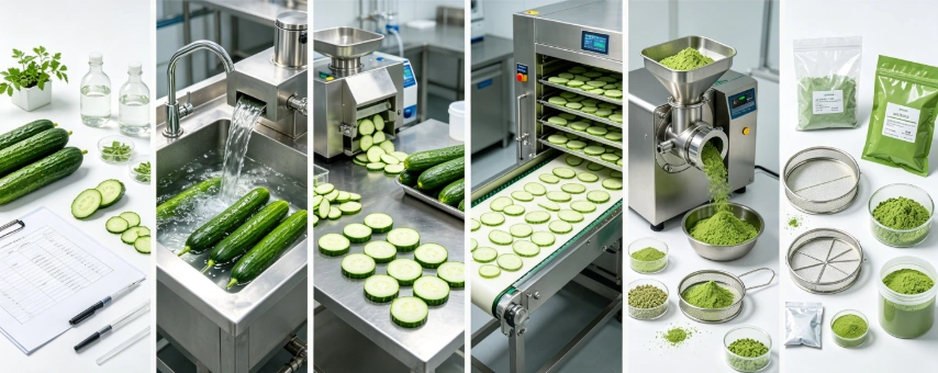 Low-temperature dehydration process flowchart for cucumber powder production