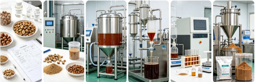 Hydroalcoholic extraction process flowchart for hazelnut shell OPC standardization