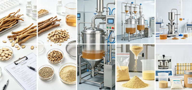 Hot water extraction process flowchart for adenophora polysaccharide standardization