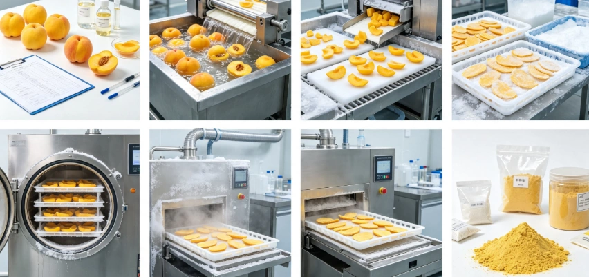 Flash freezing and sublimation drying process flowchart for freeze dried yellow peach powder
