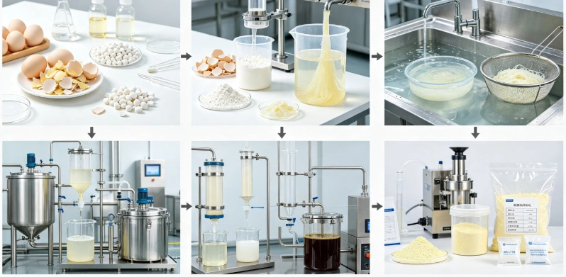 Enzymatic separation and multi-component fractionation process flowchart for eggshell membrane production