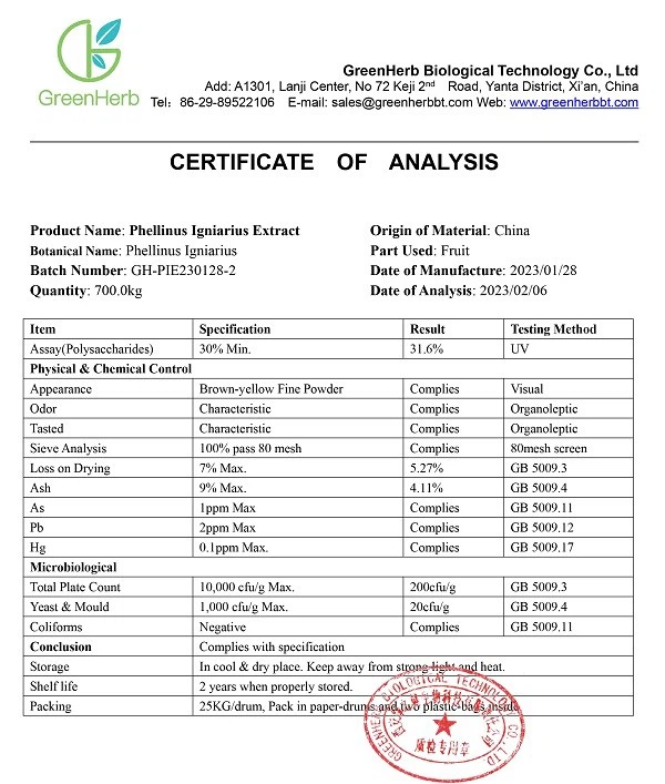 Phellinus Linteus Extract COA