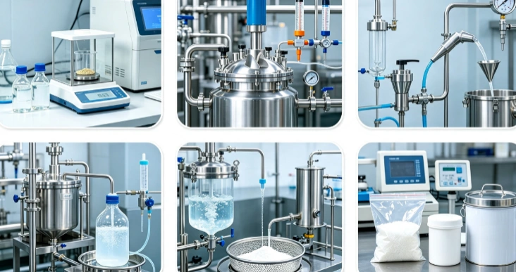 Chemical synthesis and recrystallization process flowchart for furaneol powder production