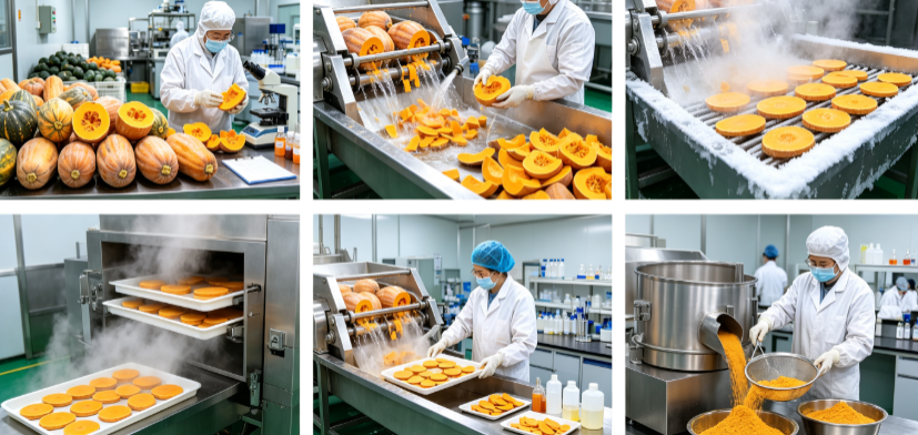 Flash freezing and sublimation drying process flowchart for freeze dried pumpkin powder production