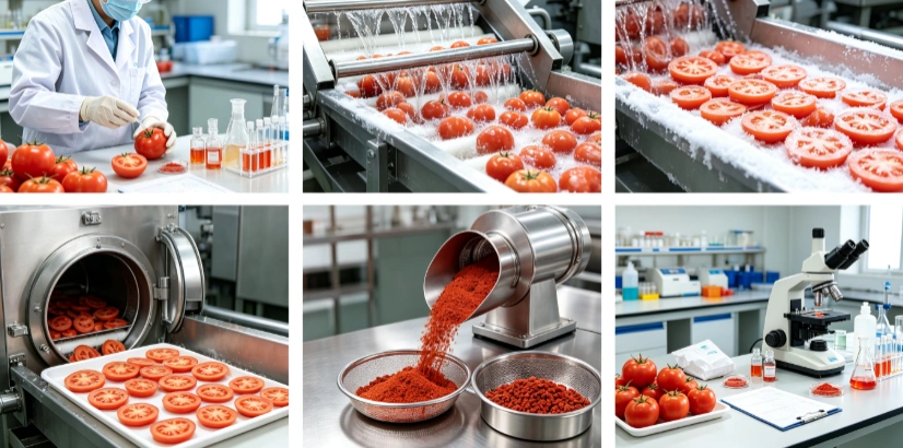 Flash freezing and sublimation drying process flowchart for lycopene retention in tomato
