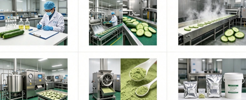 High-moisture flash freezing and sublimation drying process flowchart for cucumber powder
