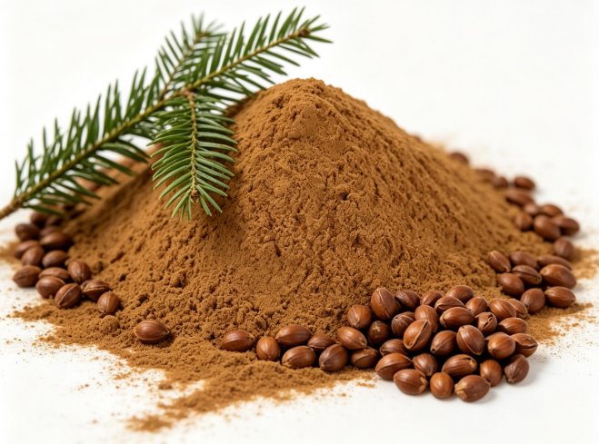 Torreya nucifera fresh seed and leaf macro photography