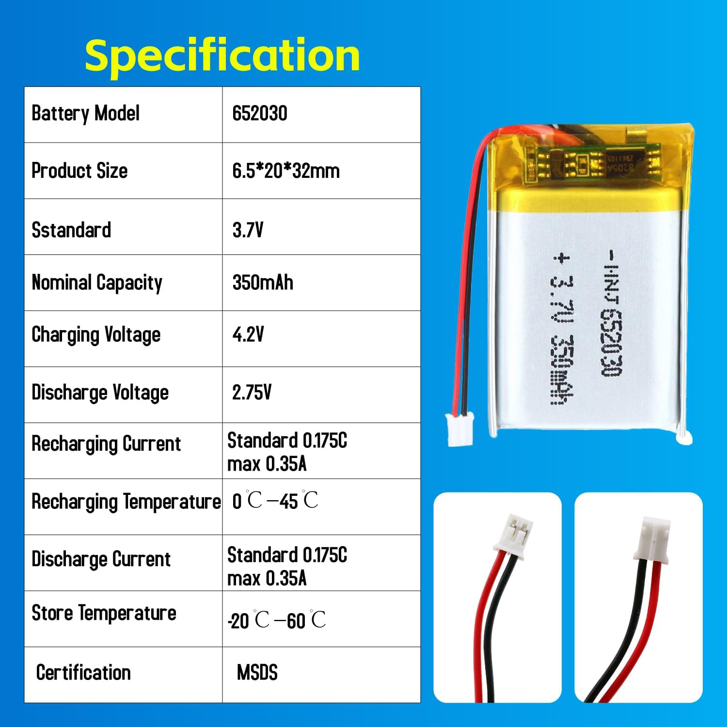 3.7V Li-ion Battery 350mAh,3.7V Li-ion Battery 350mAh,LiPo Battery & Lithium Polymer Battery Manufacturer | Honyjor