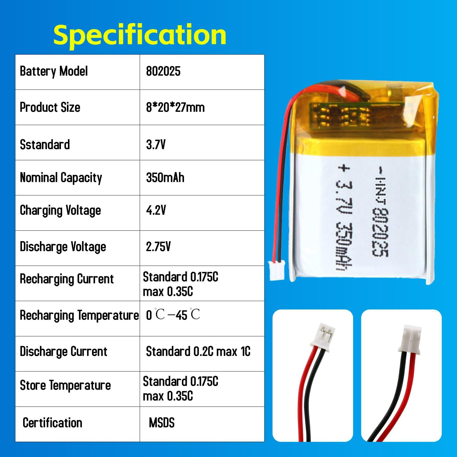 3.7V Li-ion Battery 350mAh,3.7V Li-ion Battery 350mAh,LiPo Battery & Lithium Polymer Battery Manufacturer | Honyjor