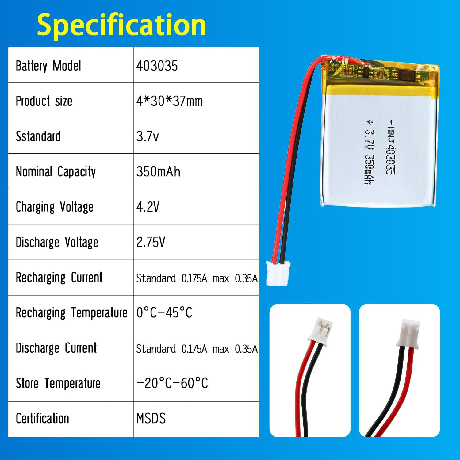 3.7V Li-ion Battery 350mAh,3.7V Li-ion Battery 350mAh,LiPo Battery & Lithium Polymer Battery Manufacturer | Honyjor