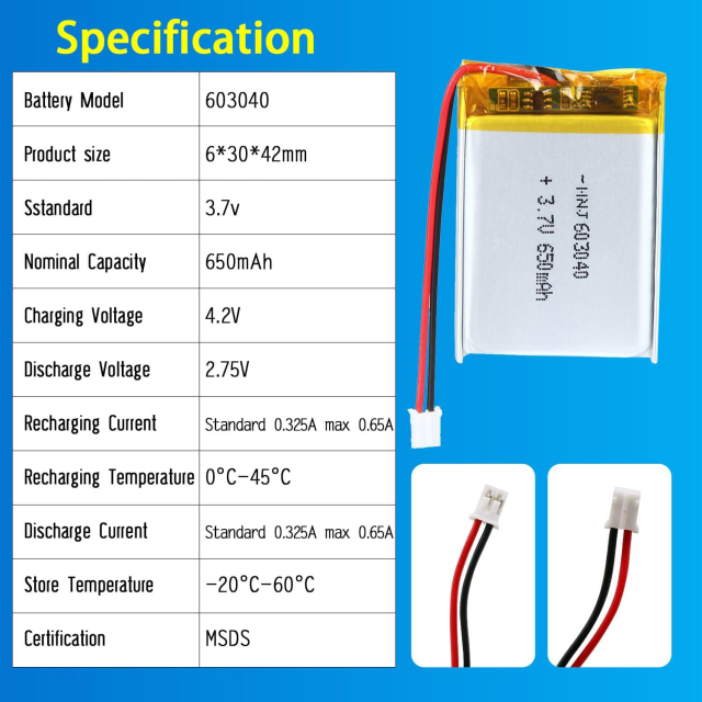 3.7V Li-ion Battery 650mAh,3.7V Li-ion Battery 650mAh,LiPo Battery & Lithium Polymer Battery Manufacturer | Honyjor