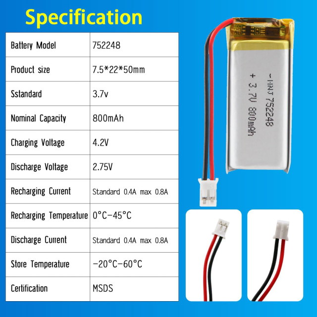 3.7V Li-ion Battery 800mAh,3.7V Li-ion Battery 800mAh,LiPo Battery & Lithium Polymer Battery Manufacturer | Honyjor