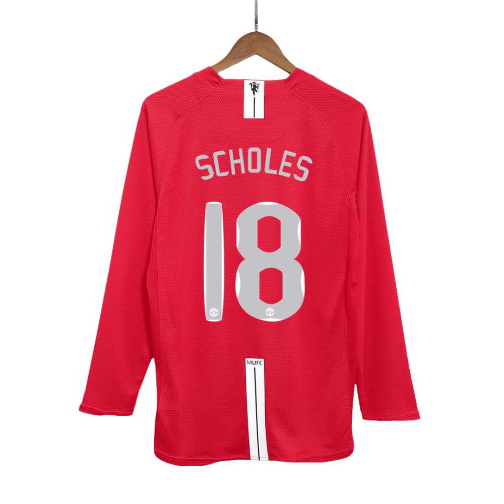 Vintage Soccer Jersey SCHOLES #18 Manchester United Home Long Sleeve 2007/08 - UCL Final