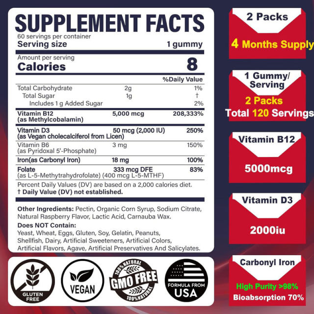 Methyl B12 5000mcg with Iron, L-5-MTHF, B6 & D3 Gummies,MY SHOP,Methyl B12 5000mcg with Iron, L-5-MTHF, B6 & D3 Gummies
