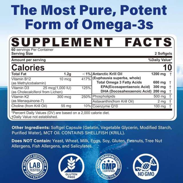 Antarctic Krill Oil 1200mg with B12, D3, K2, CoQ10  Supplement,MY SHOP,Antarctic Krill Oil 1200mg with B12, D3, K2, CoQ10  Supplement