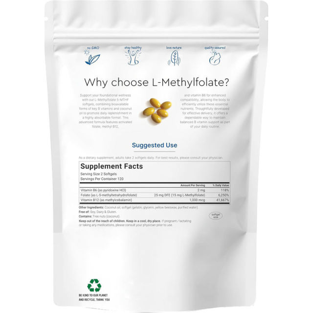 L-Methylfolate 15mg Softgels with B12 & B6  Supplement,MY SHOP,L-Methylfolate 15mg Softgels with B12 & B6  Supplement