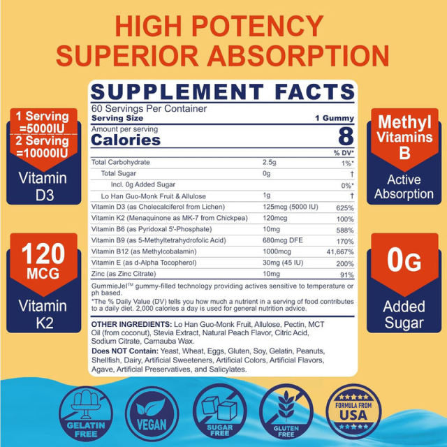 Vitamin D3 + K2 Gummies with B6 B9 Methyl B12 Vitamin E Zinc Sugar Free Peach Flavor 60 Gummies,MY SHOP,Vitamin D3 + K2 Gummies with B6 B9 Methyl B12 Vitamin E Zinc Sugar Free Peach Flavor 60 Gummies