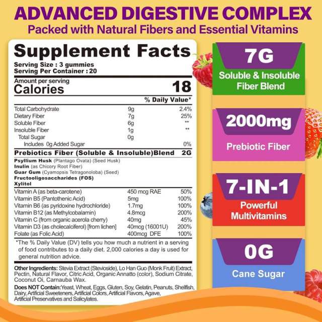 Prebiotic Fiber Gummies with Multivitamins 7g Fiber Sugar Free Digestive Immune Support 60 Gummies,MY SHOP,Prebiotic Fiber Gummies with Multivitamins 7g Fiber Sugar Free Digestive Immune Support 60 Gummies