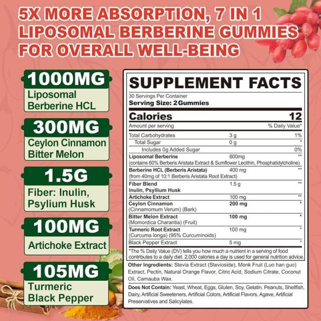 Liposomal Berberine Gummies with Cinnamon Bitter Melon Turmeric Sugar Free 1000mg 60 Gummies,MY SHOP,Liposomal Berberine Gummies with Cinnamon Bitter Melon Turmeric Sugar Free 1000mg 60 Gummies