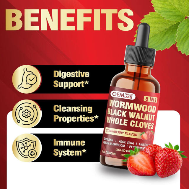 Wormwood Black Walnut Clove Liquid Drops 8 in 1 Herbal Complex Strawberry Flavor,MY SHOP,Wormwood Black Walnut Clove Liquid Drops 8 in 1 Herbal Complex Strawberry Flavor