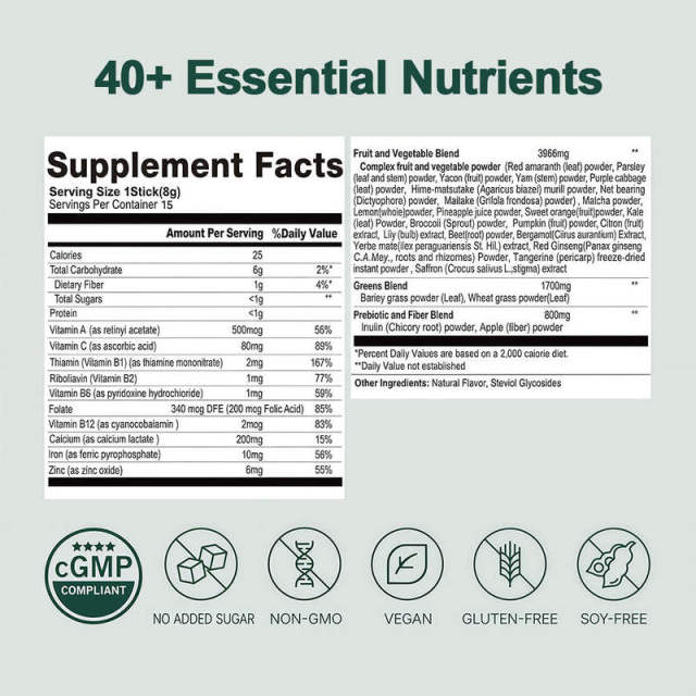 OEM Factory Superfoods Greens Powder Stick Packs 40+ Essential Nutrients Fruit Vegetable Blend Greens Blend Prebiotic Fiber Blend Vitamins A C B1 B2 B6 B12 Folate Calcium Iron Zinc No Added Sugar Vegan Gluten Free Soy Free 15 Sticks 120g,MY SHOP,OEM Factory Superfoods Greens Powder Stick Packs 40+ Essential Nutrients Fruit Vegetable Blend Greens Blend Prebiotic Fiber Blend Vitamins A C B1 B2 B6 B12 Folate Calcium Iron Zinc No Added Sugar Vegan Gluten Free Soy Free 15 Sticks 120g
