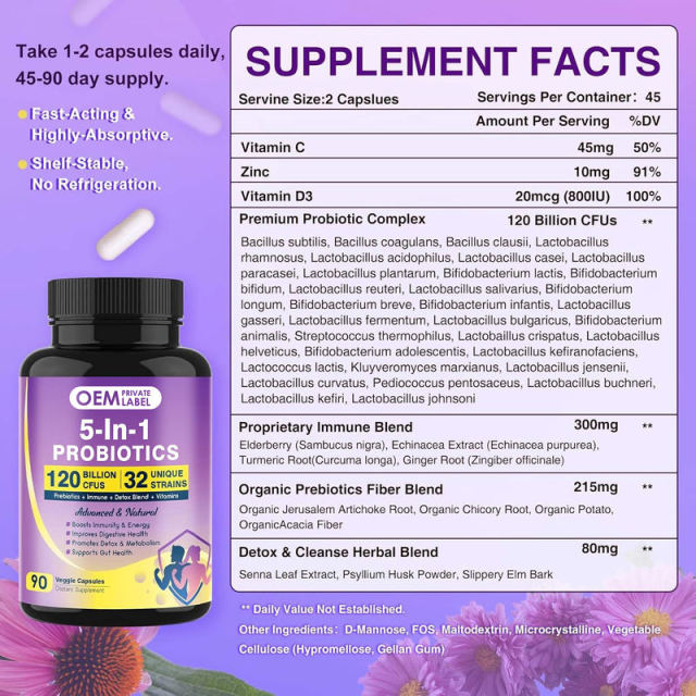 OEM Factory 5-in-1 Probiotic Capsules 120 Billion CFU 32 Unique Strains Delayed Release Enteric Coated Prebiotics Immune Blend Elderberry Echinacea Turmeric Ginger Detox Blend Senna Psyllium Slippery Elm Vitamins C D3 Zinc 90 Veggie Capsules,MY SHOP,OEM Factory 5-in-1 Probiotic Capsules 120 Billion CFU 32 Unique Strains Delayed Release Enteric Coated Prebiotics Immune Blend Elderberry Echinacea Turmeric Ginger Detox Blend Senna Psyllium Slippery Elm Vitamins C D3 Zinc 90 Veggie Capsules
