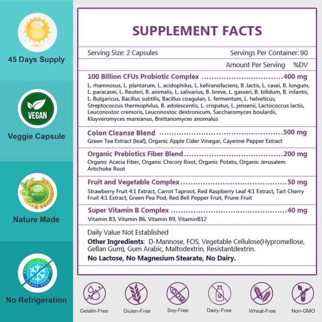 OEM Factory 5-in-1 Probiotic 100 Billion CFU 30+ Strains Delayed Release Prebiotic Fiber Colon Cleanse Green Tea Apple Cider Vinegar Fruit Vegetable Complex Vitamin B Gut Health 180 Veggie Capsules,MY SHOP,OEM Factory 5-in-1 Probiotic 100 Billion CFU 30+ Strains Delayed Release Prebiotic Fiber Colon Cleanse Green Tea Apple Cider Vinegar Fruit Vegetable Complex Vitamin B Gut Health 180 Veggie Capsules